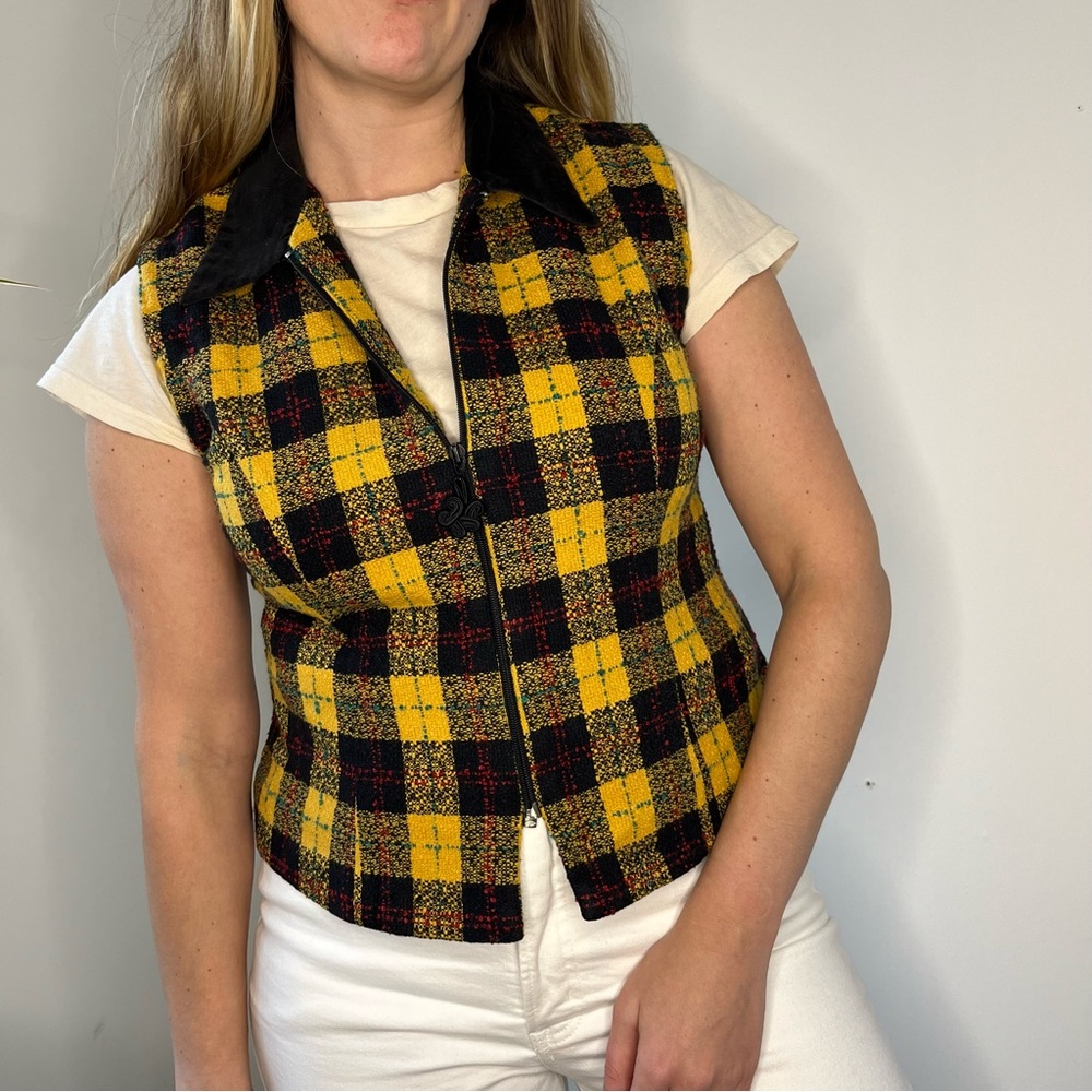 Vintage Positive Attitude Yellow/Black Plaid Zip Front Vest
